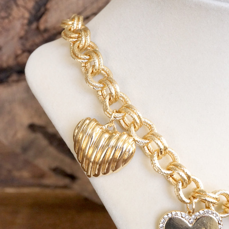 Multi-Heart Bling Charm Statement Necklace – Gold Tone