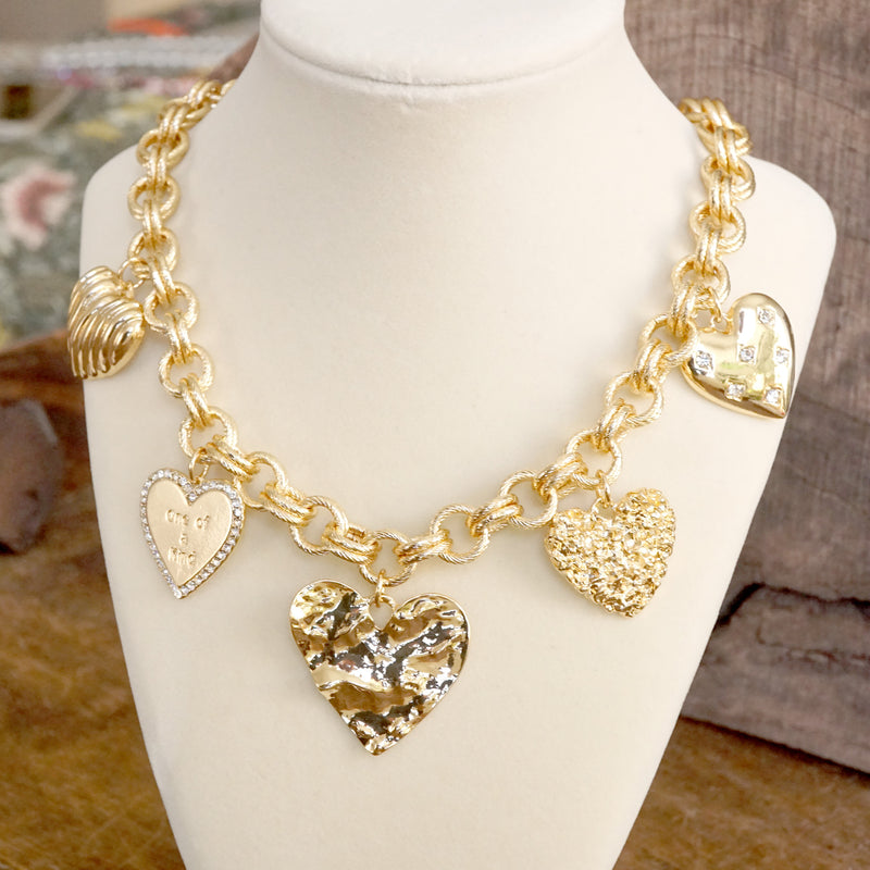 Multi-Heart Bling Charm Statement Necklace – Gold Tone