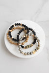Boho Beads 4 Bracelets stack Dalmatian Jasper stones Black gold tone