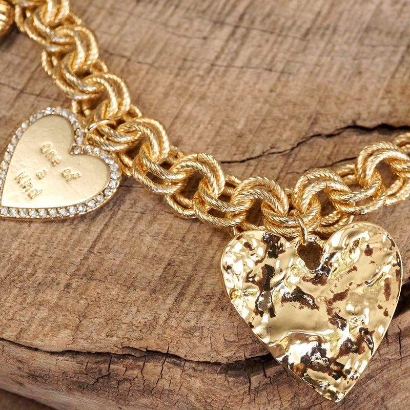 Multi-Heart Bling Charm Statement Necklace – Gold Tone