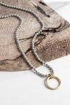 Long Wooden Bead Necklace with gold circle ring - Grey