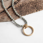 Long Wooden Bead Necklace with gold circle ring - Grey