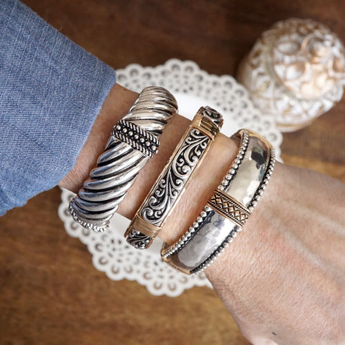 The Turning Point – Chunky Textured Stretchy Bangle in Silver or Two-Tone