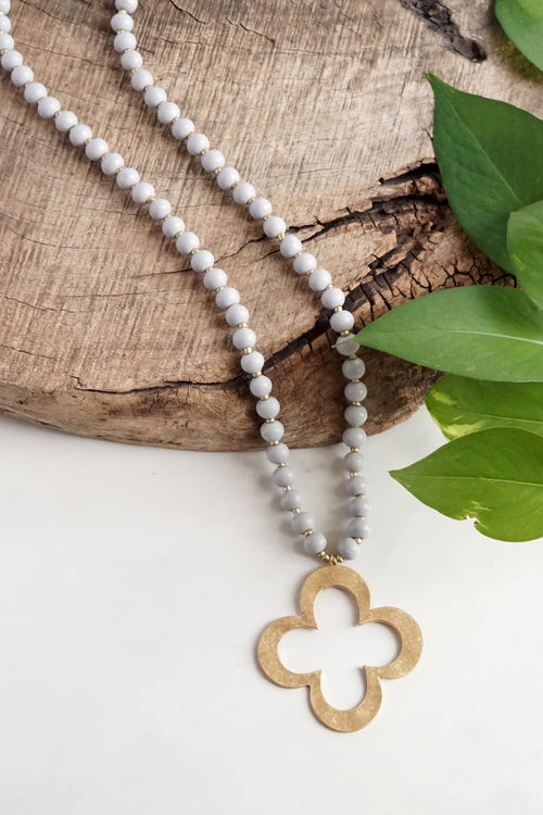 Clover Long Wooden Bead Necklace with gold Flower - Light Grey