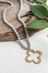 Clover Long Wooden Bead Necklace with gold Flower - Light Grey