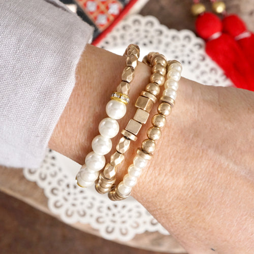 Pearls and Antique Gold Beaded Bracelet Set