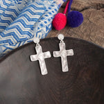 Cross Hammered Distressed Drop Earrings - Silver Tone