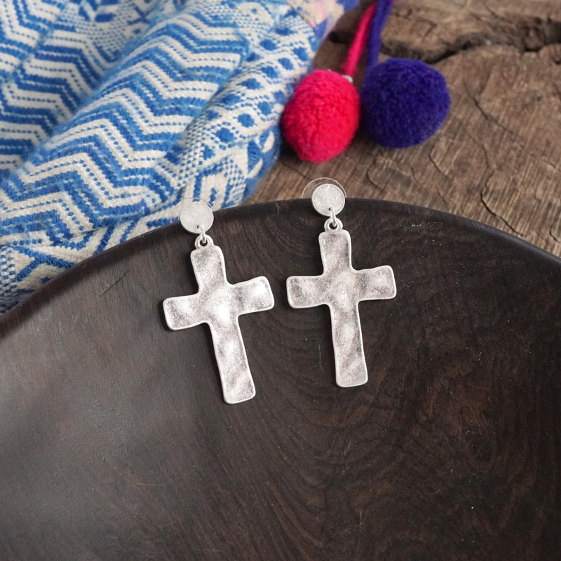 Cross Hammered Distressed Drop Earrings - Silver Tone