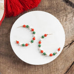 Wood Beads Christmas Hoop Earrings Red White Green