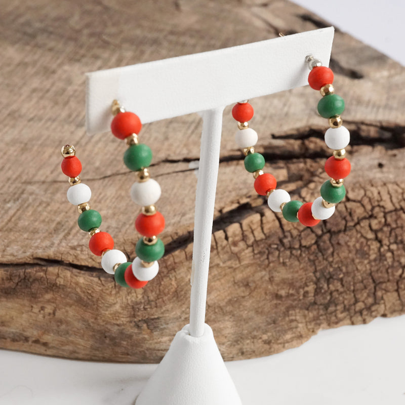 Wood Beads Christmas Hoop Earrings Red White Green