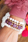 Bracelet Stack of 4 pieces purple and neutrals glass wood and acrylic beads