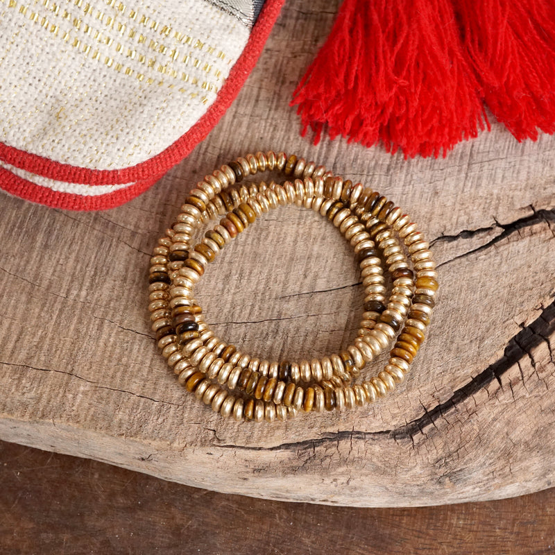 Semi-Precious and Gold-Tone Heishi Disk Beaded Bracelet Sets – Neutrals and Multicolor