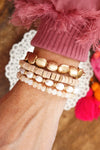 Beaded bracelets stack of 4 wooden pearls and golden beads