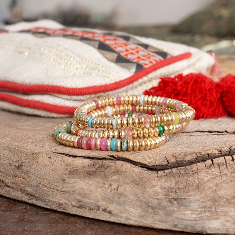 Semi-Precious and Gold-Tone Heishi Disk Beaded Bracelet Sets – Neutrals and Multicolor