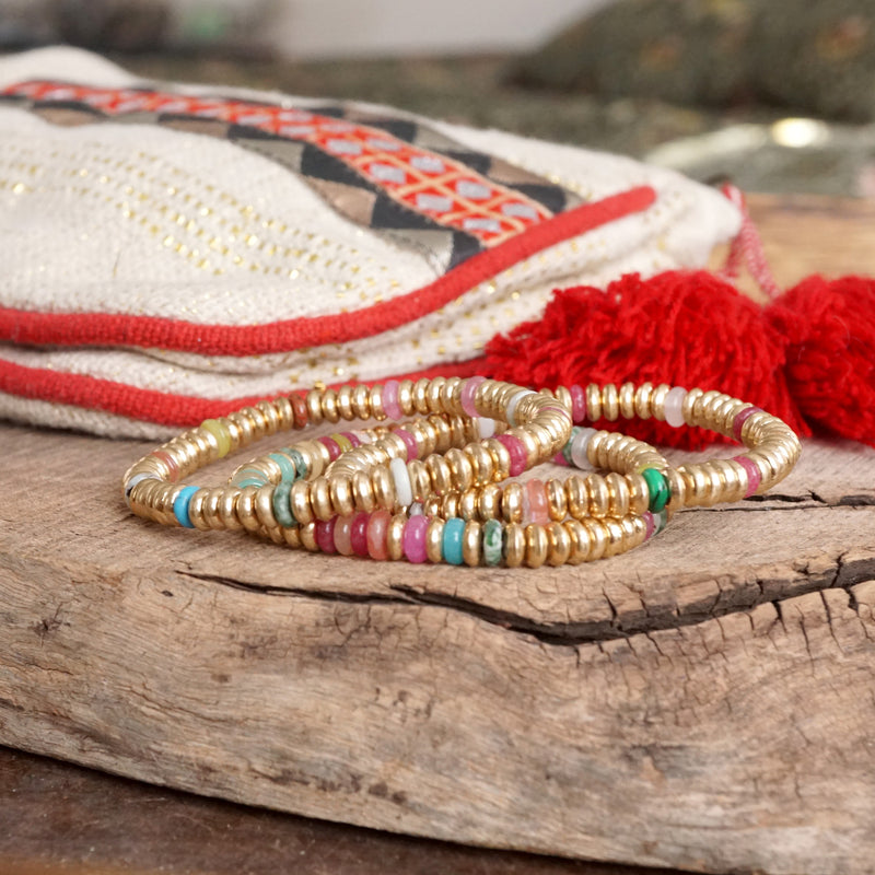 Semi-Precious and Gold-Tone Heishi Disk Beaded Bracelet Sets – Neutrals and Multicolor