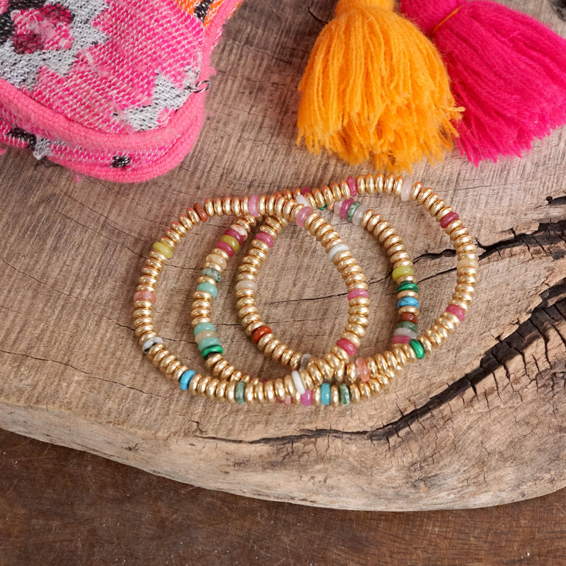 Semi-Precious and Gold-Tone Heishi Disk Beaded Bracelet Sets – Neutrals and Multicolor