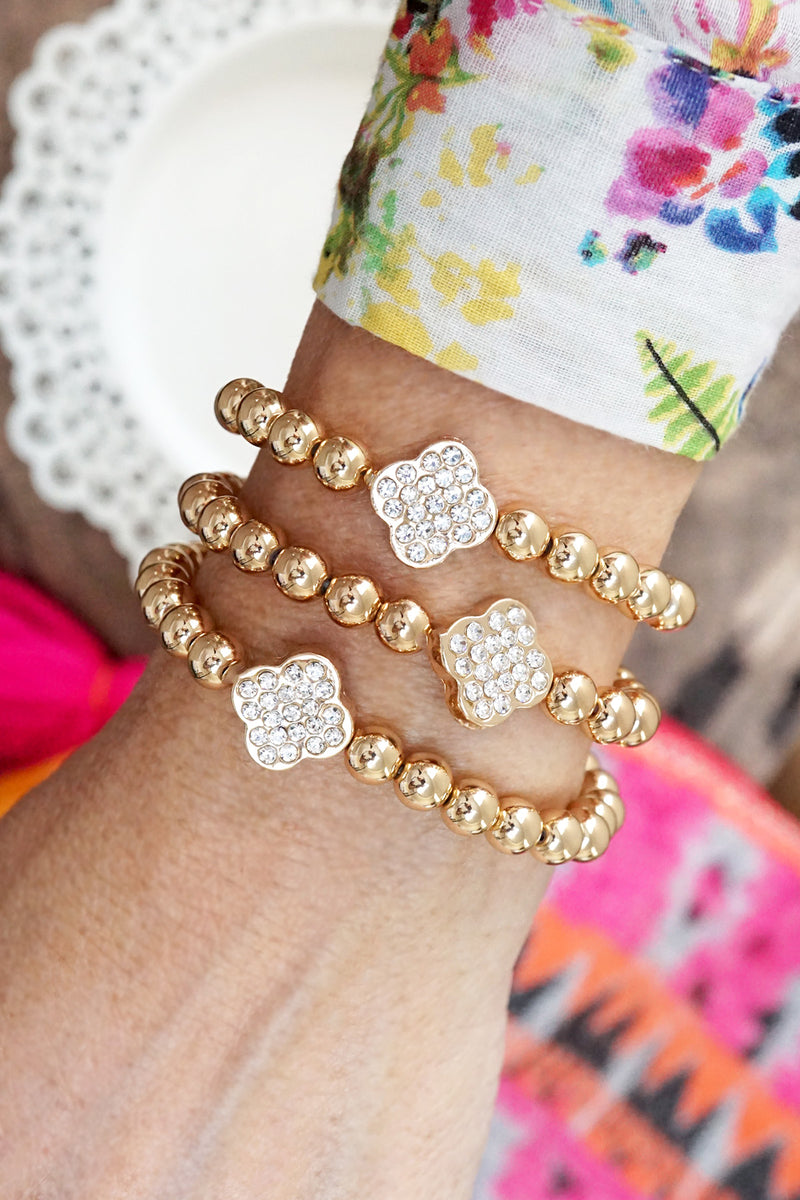 Crystal Quatrefoil Gold tone ball beads bracelet stack of 3 bracelets