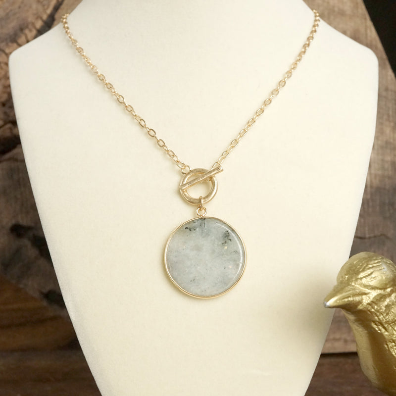 Semi-Precious Disc Pendant Front Toggle Chain Necklace