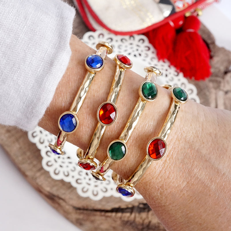 Jeweled Golden Bangle - with Faceted glass oval Christmas colorful jewels