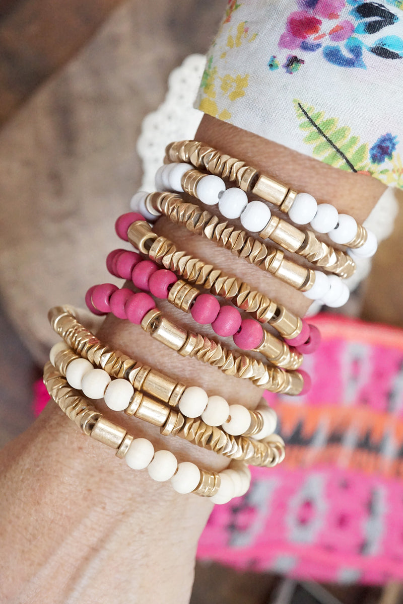 Boho Bracelets Stacks Wood and Metal Beads Pink White Neutral Gold