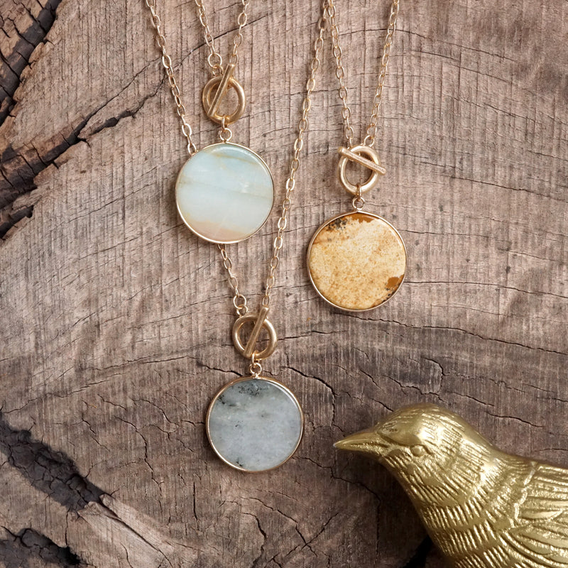 Semi-Precious Disc Pendant Front Toggle Chain Necklace