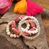 Bracelet Stack of 4 pieces red and neutrals acrylic pearls glass and wood beads