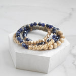 Bracelets stack of 4 piece beaded with Blue Semi Precious stones glass wooden and golden beads