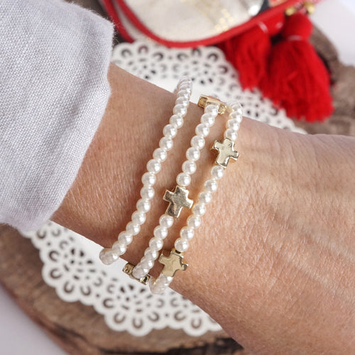 Mini Sideways Cross Bracelet stack Pearls and gold metal beads