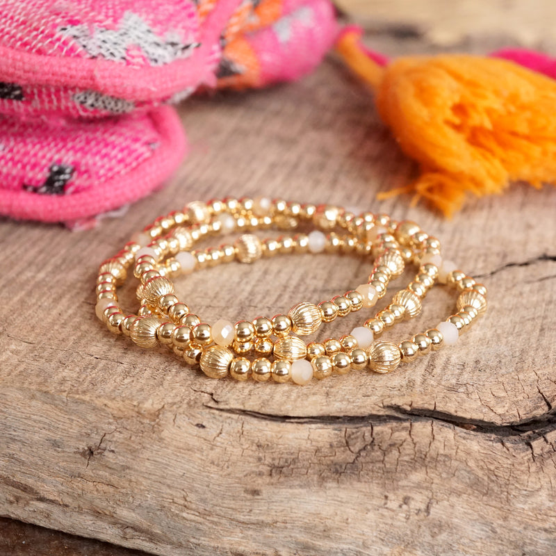 Gold-Tone Ball and Glass Beaded Stretch Bracelet Set