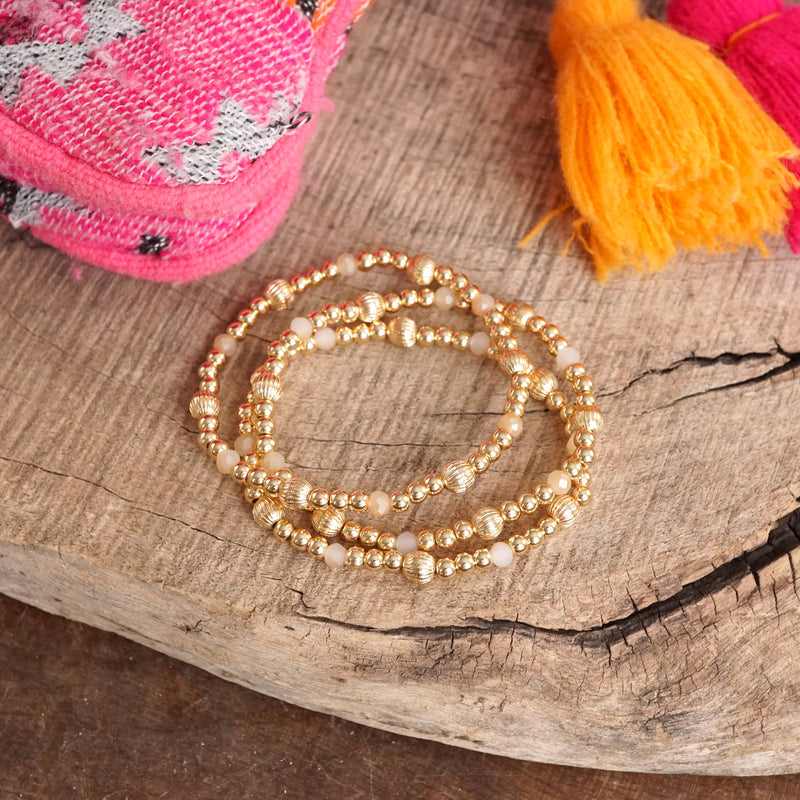 Gold-Tone Ball and Glass Beaded Stretch Bracelet Set