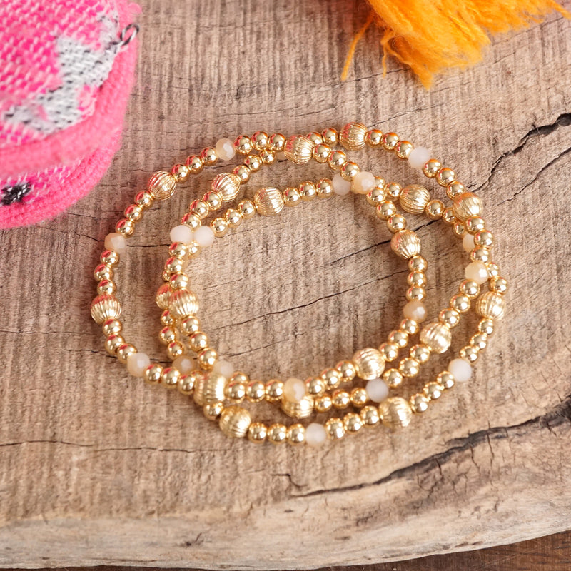 Gold-Tone Ball and Glass Beaded Stretch Bracelet Set