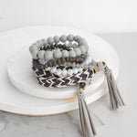 Boho Wrap Tassels and Beads Bracelet Stack in greys