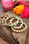 Bracelet Stack of 4 pieces Green Acrylic Glass Wood Clay and Golden beads