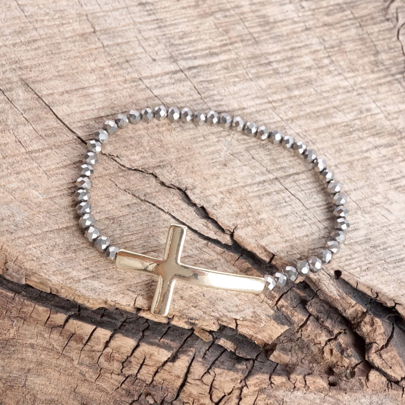 Minimal Sideways Cross Bracelet with Glass Beads Gold tone