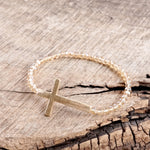 Minimal Sideways Cross Bracelet with Glass Beads Gold tone