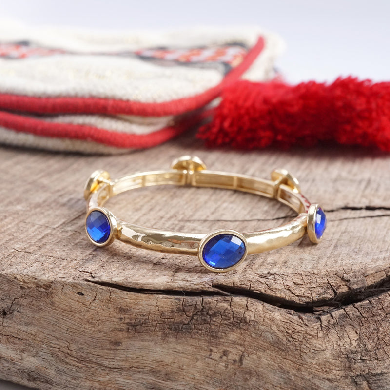 Jeweled Golden Bangle - with Faceted glass oval Christmas colorful jewels