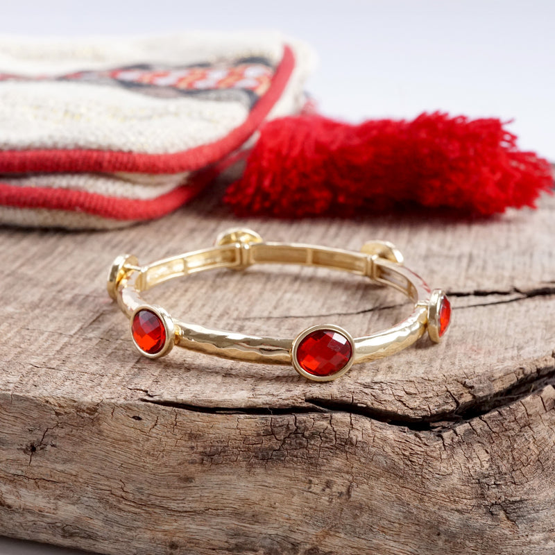 Jeweled Golden Bangle - with Faceted glass oval Christmas colorful jewels