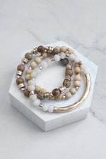 Boho Bracelets Stack of 3 piece Beaded bracelets Semi Precious stones in neutral brown and gold, Stacking bracelets