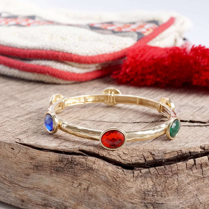 Jeweled Golden Bangle - with Faceted glass oval Christmas colorful jewels