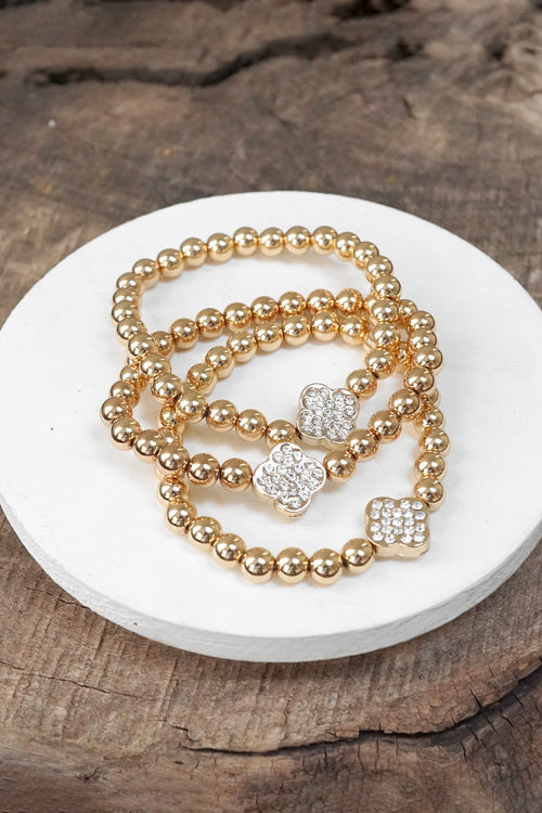 Crystal Quatrefoil Gold tone ball beads bracelet stack of 3 bracelets