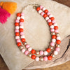 Multi Strand Wooden Beads Short Statement Valentine's Necklace in Pinks Red and Gold