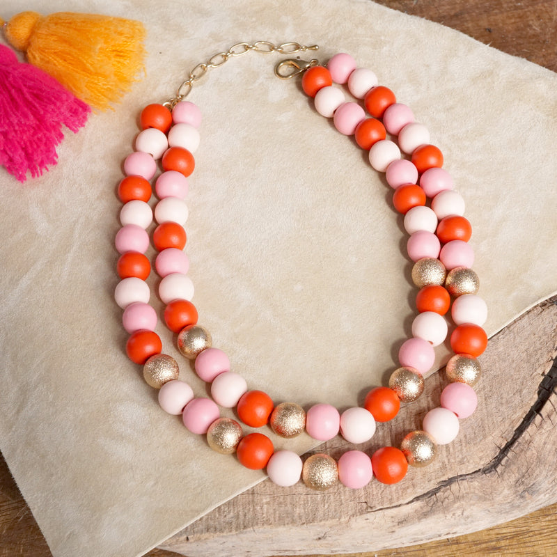 Multi Strand Wooden Beads Short Statement Valentine's Necklace in Pinks Red and Gold