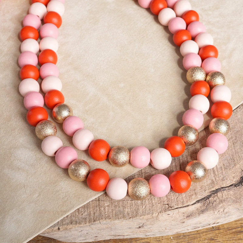 Multi Strand Wooden Beads Short Statement Valentine's Necklace in Pinks Red and Gold