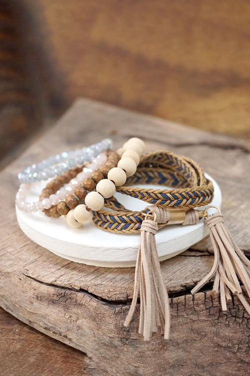 Boho Wrap Tassels and Beads Bracelet Stack in Dark Brown