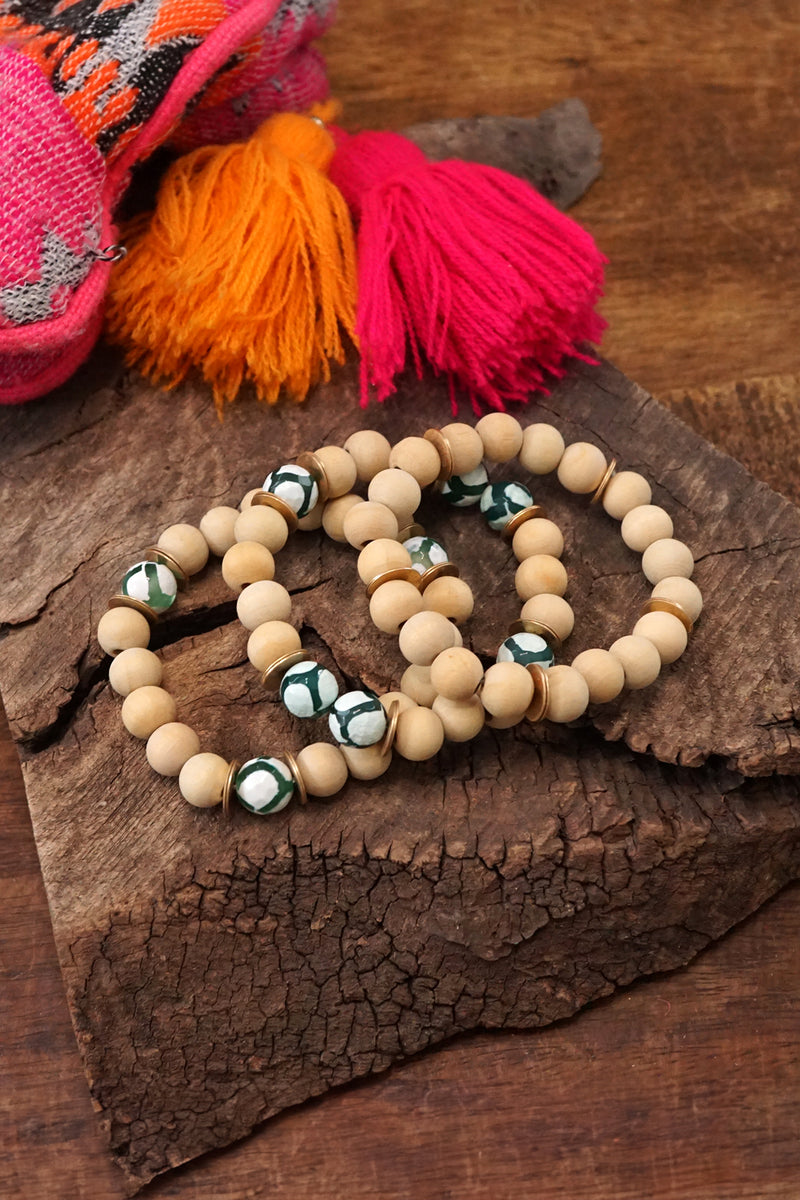 Wooden beads bracelet stack of 3 with animal print beads