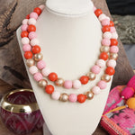 Multi Strand Wooden Beads Short Statement Valentine's Necklace in Pinks Red and Gold