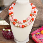 Multi Strand Wooden Beads Short Statement Valentine's Necklace in Pinks Red and Gold