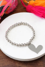 Silver tone beads bracelet with a big Heart charm