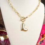 Front Toggle Puffy Heart Paperclip Necklace – Gold Tone