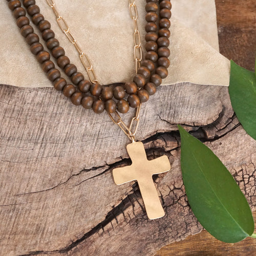 Multi Strand Wood Beads Short Statement Cross Necklace Brown